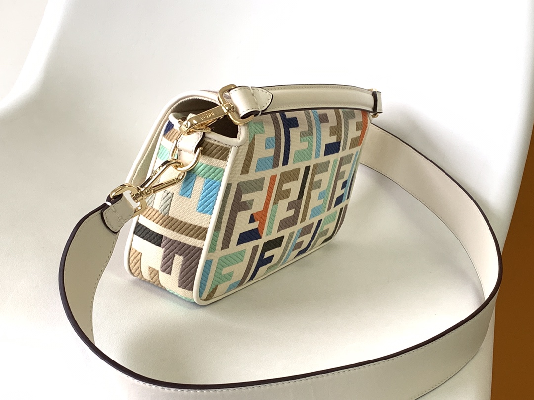 Fendi Medium Baguette FF Canvas Embroidery Shoulder Bag Multicolor/White